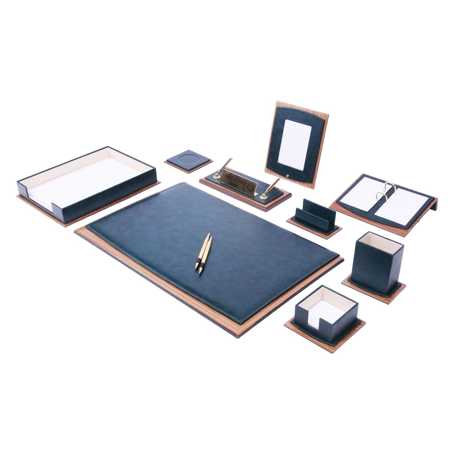 MOOG Star Leather Desk Set -Walnut Wood Combination - Gray -11 PCS - Kool Products