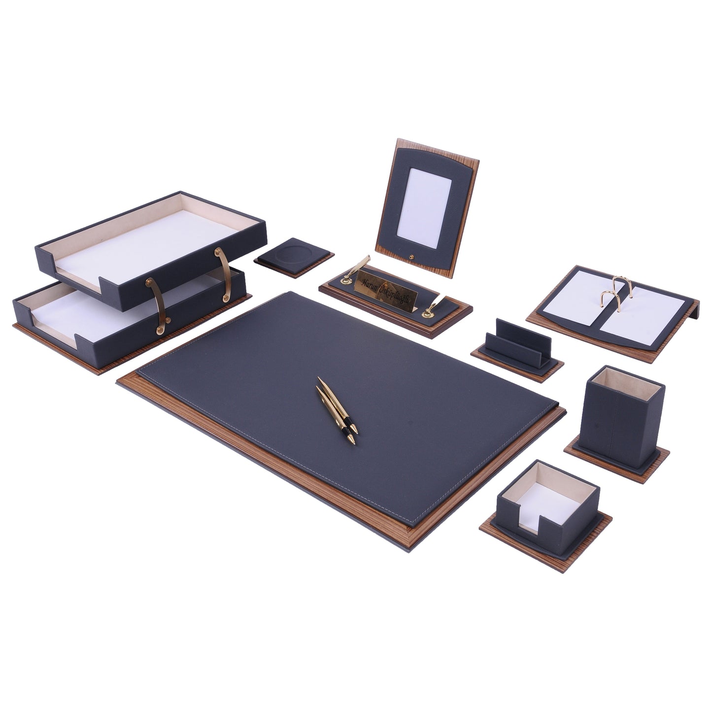 MOOG Star Leather Desk Set -Walnut Wood Combination -Double Document Tray - Green-11 PCS - Kool Products