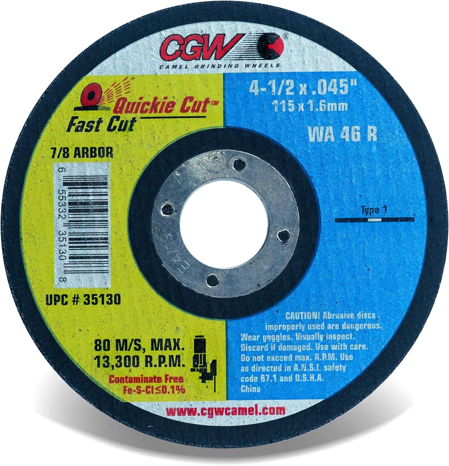 CGW Abrasives 35130 4-1/2x.045x7/8 T1 WA46-R Resin Cut WHLS Thin - Kool Products