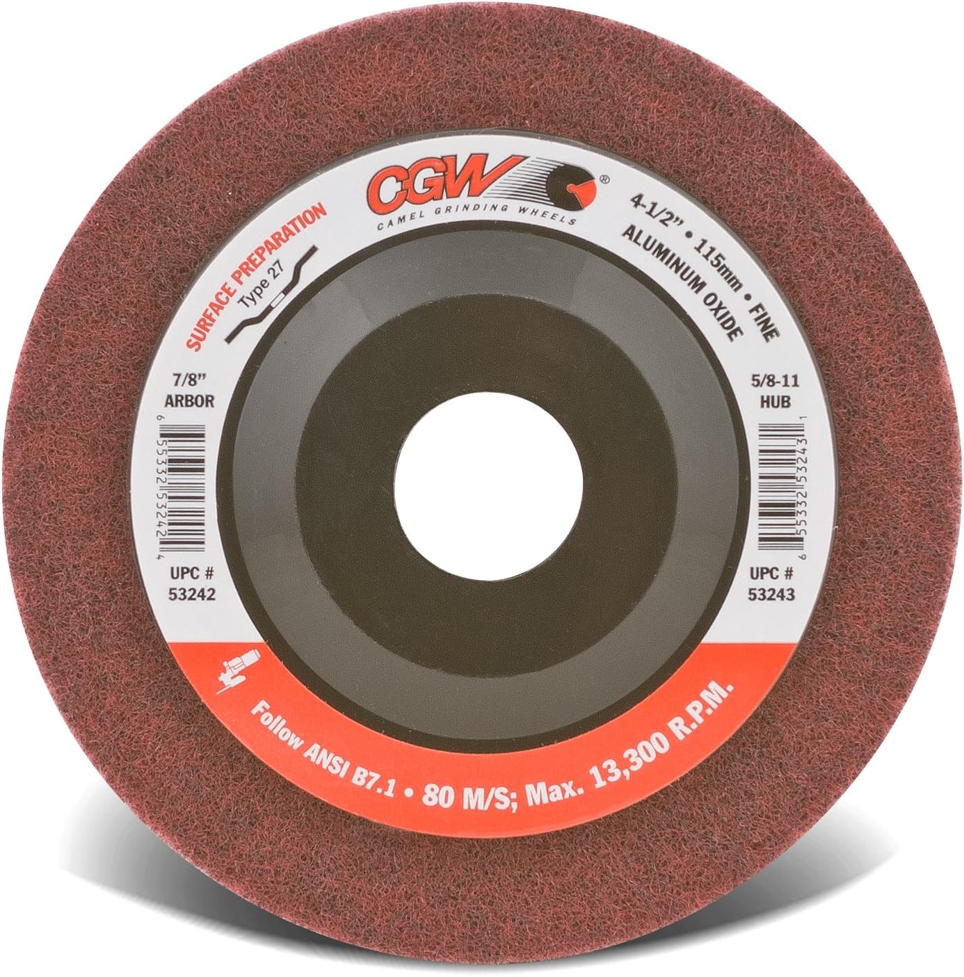 CGW Abrasives 53242 4-1/2X7/8 A/O T27 Maroon FINE Unitized- SURF PREP qty of 10 - Kool Products