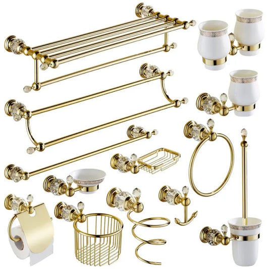 Gold Crystal Towel Rack European Bathroom Hooks Hardware Suite  Brass Shower Basket  Ring  Accessories - Kool Products