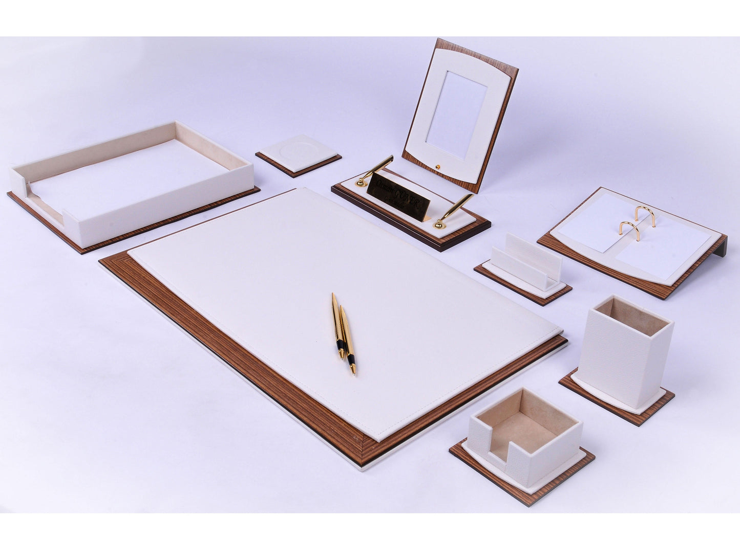 MOOG Star Leather Desk Set -Walnut Wood Combination - Gray -11 PCS - Kool Products