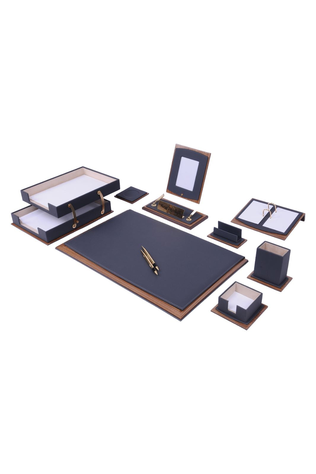 MOOG Star Leather Desk Set -Walnut Wood Combination -Double Document Tray - Black -11 PCS - Kool Products