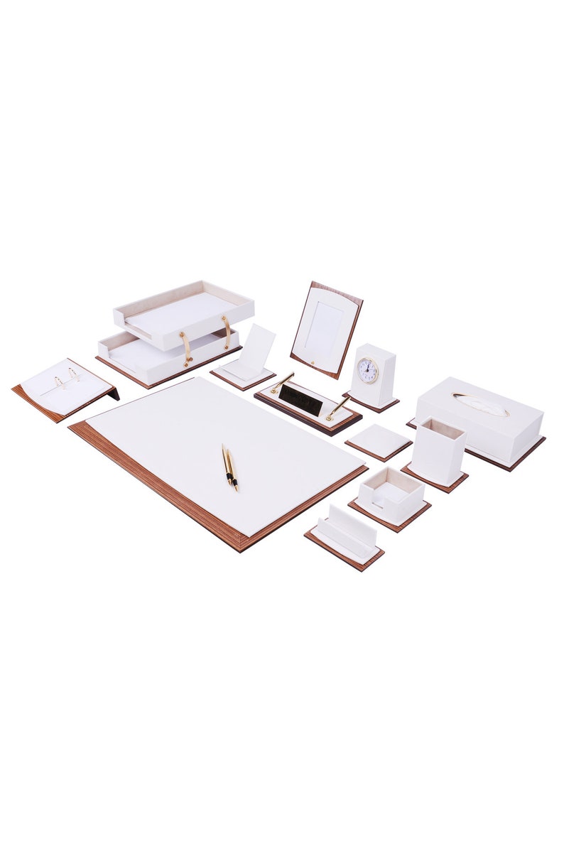 MOOG Star Lux Leather Desk Set -Walnut Wood Combination - Green -14 PCS - Kool Products