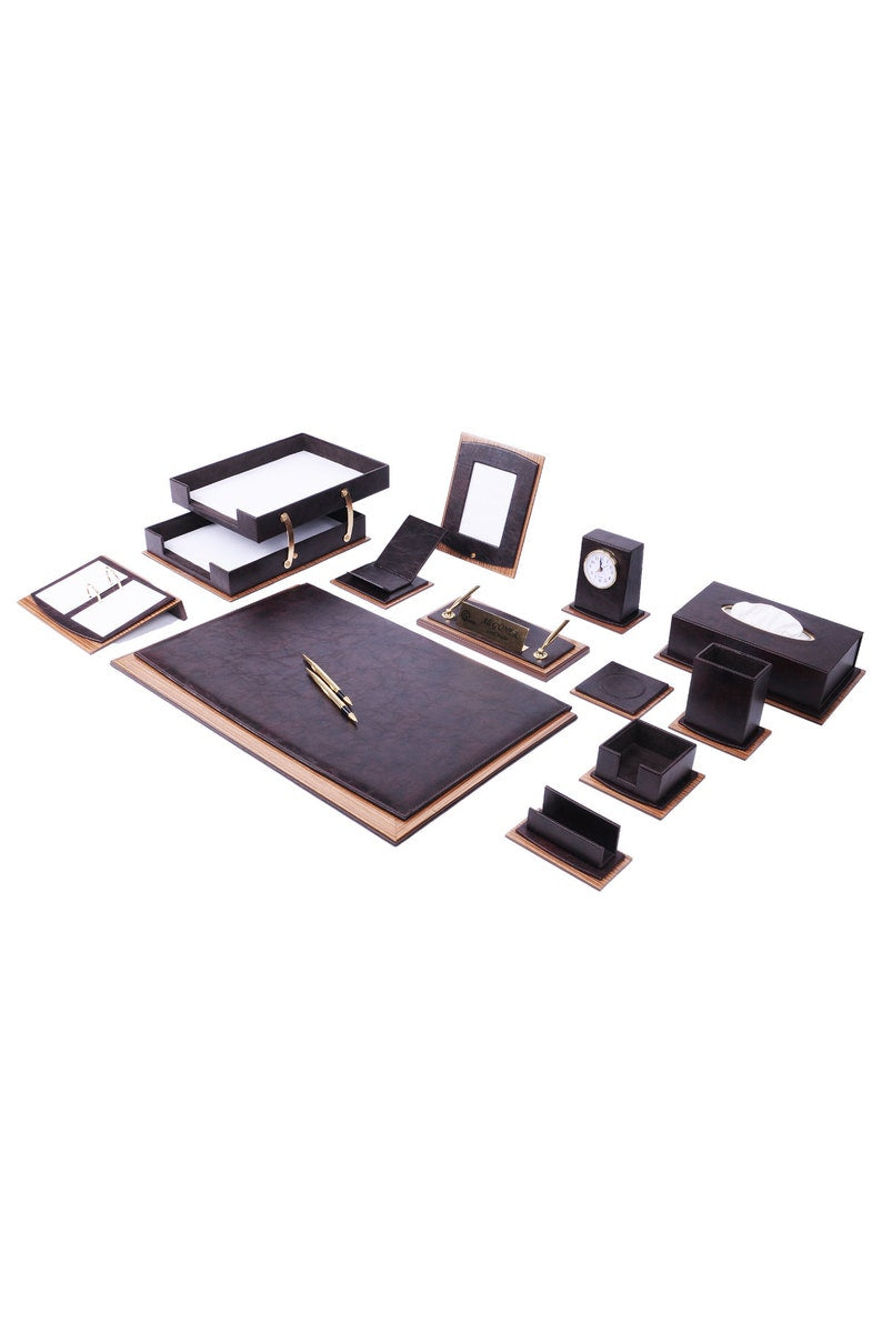 MOOG Star Lux Leather Desk Set -Walnut Wood Combination - Green -14 PCS - Kool Products