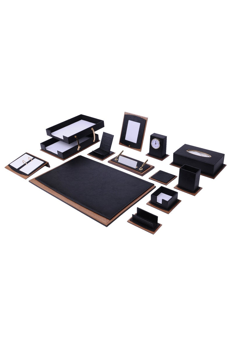 MOOG Star Lux Leather Desk Set -Walnut Wood Combination - Brown -14 PCS - Kool Products