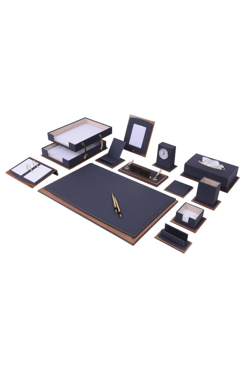 MOOG Star Lux Leather Desk Set -Walnut Wood Combination - Green -14 PCS - Kool Products
