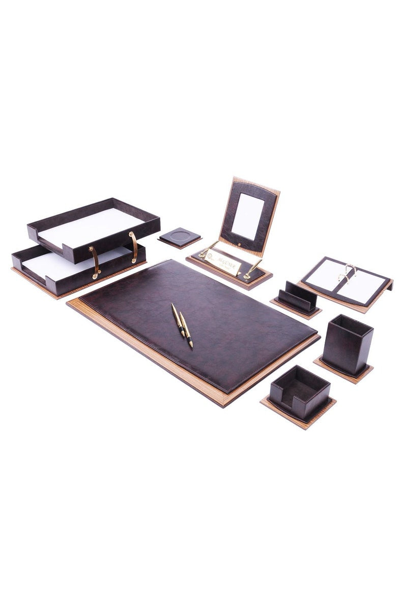MOOG Star Leather Desk Set -Walnut Wood Combination -Double Document Tray - Green-11 PCS - Kool Products