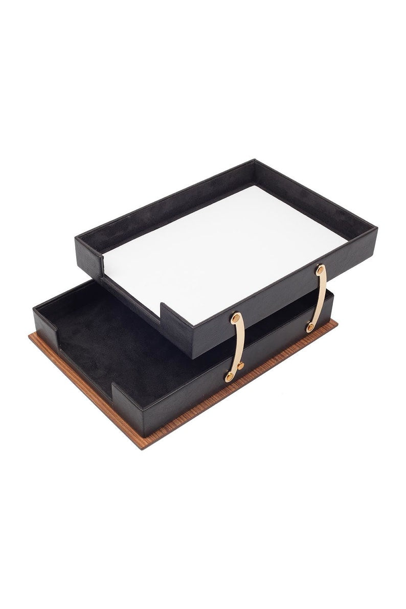 MOOG Star Leather Desk Set -Walnut Wood Combination -Double Document Tray - Green-11 PCS - Kool Products