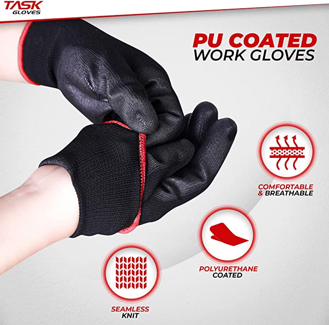 Task Force Safety Work Gloves PU Coated-12 Pairs, Seamless Knit Glove with Polyurethane Coated Smooth Grip, General Duty Work - Kool Products