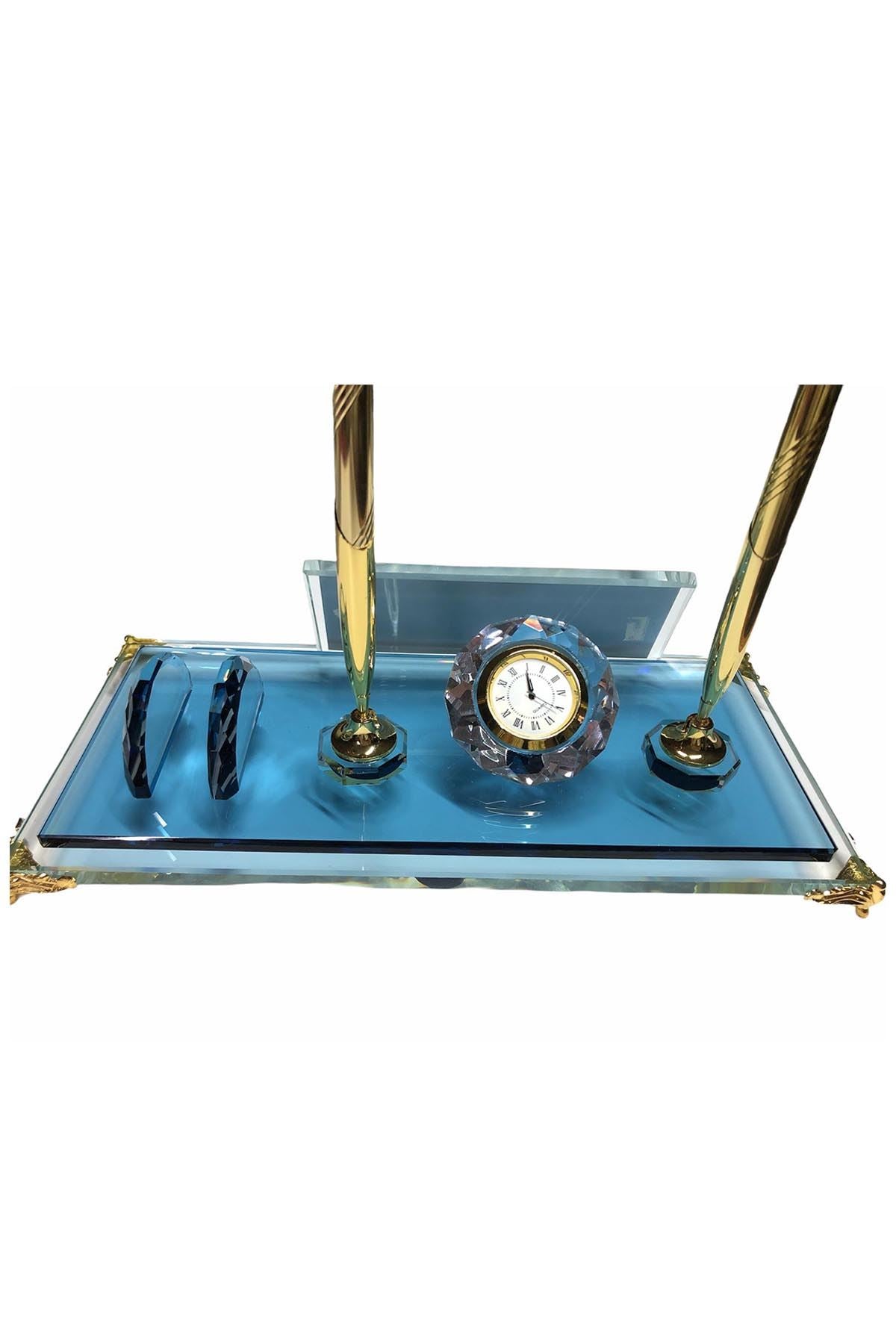 MOOG Blue Glass Desk Name Plate With Clock - Kool Products