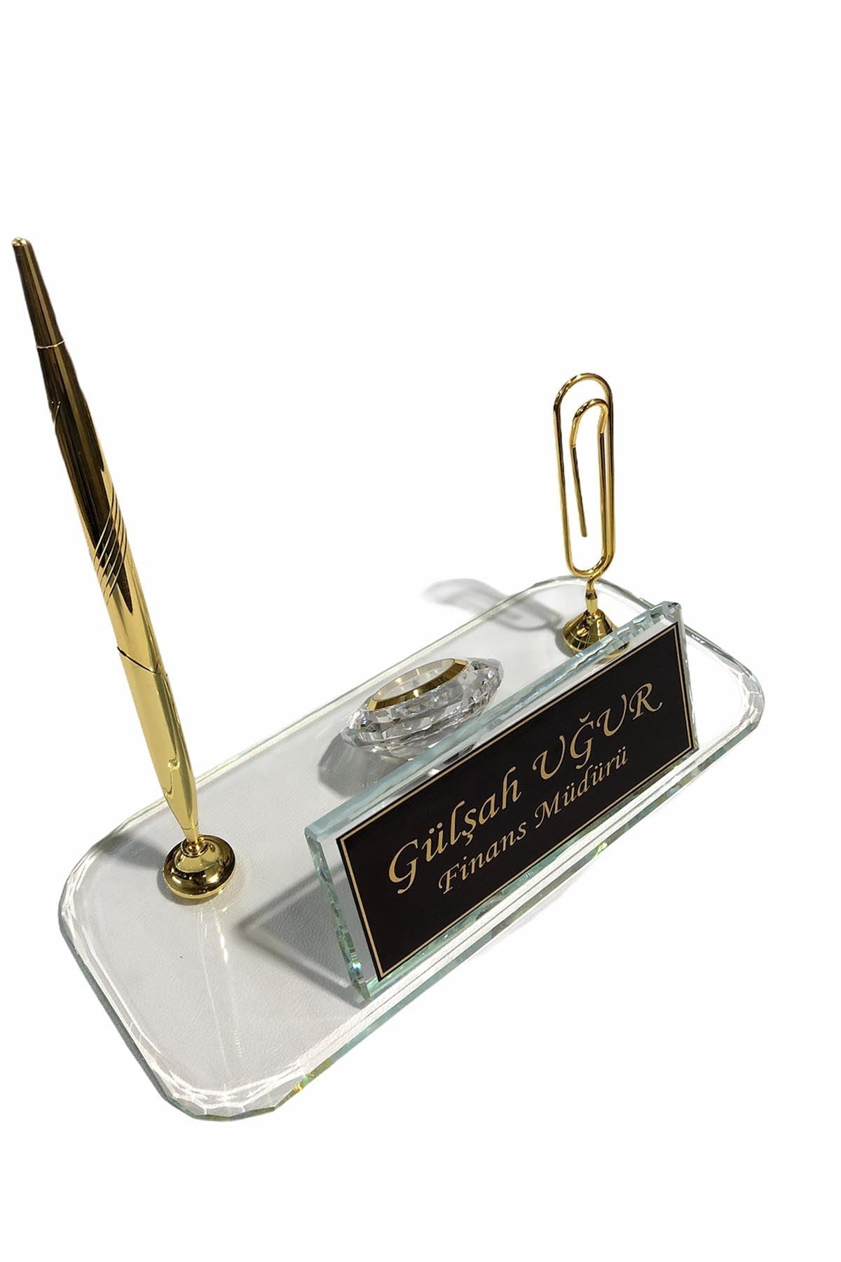 MOOG Glass Desk Name Plate With Golden Pen - Kool Products