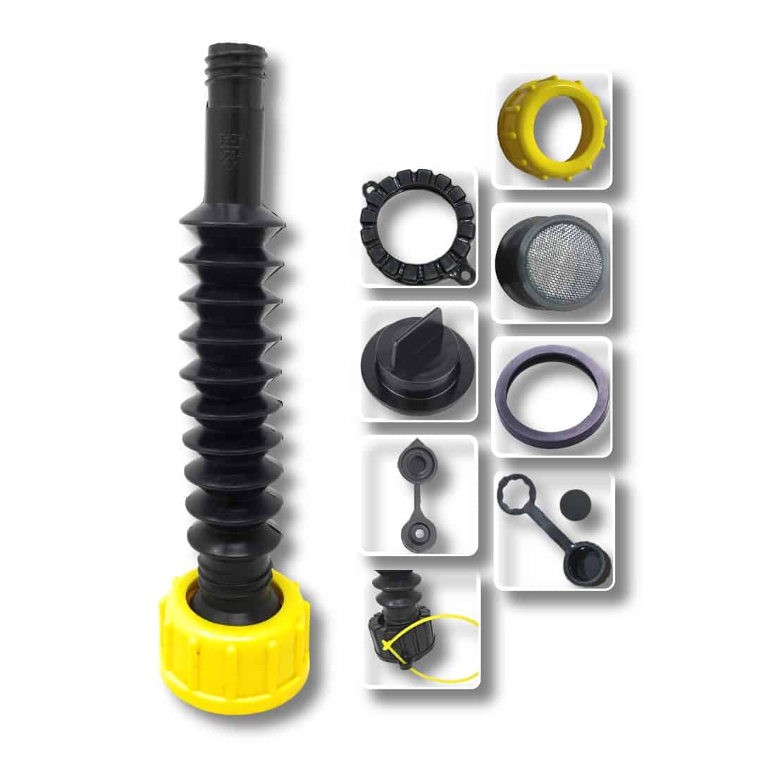 KP KOOL PRODUCTS Universal Gas Can Spout Replacement, Gas Can Nozzle with  Gasket, Stopper, Collar Caps (Black and Yellow) & gas can vent caps, Pack  of