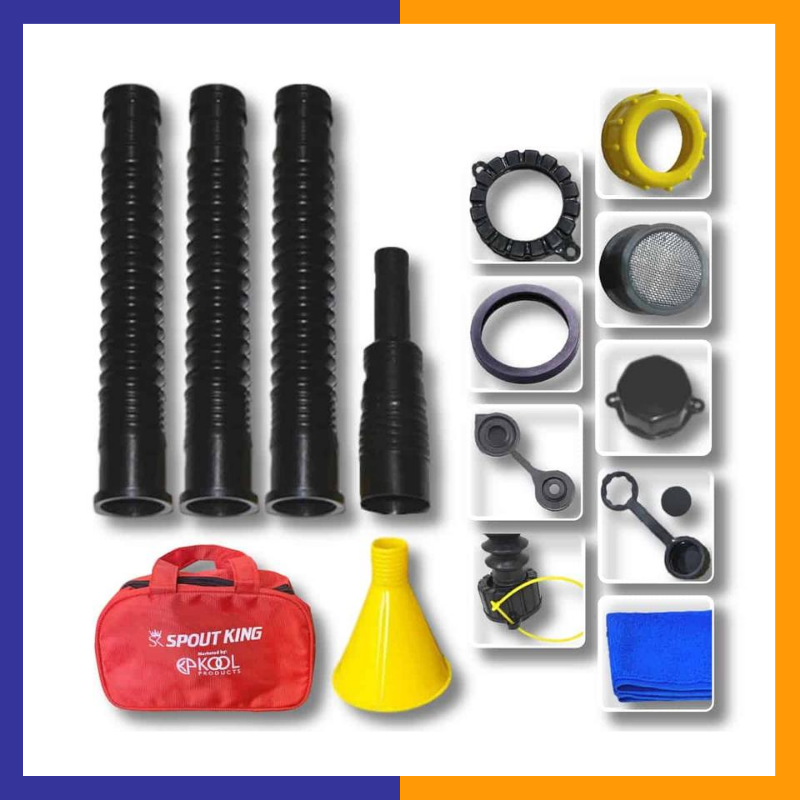 Spout King, a high-quality fuel spout designed for easy pouring and secure fitting, preventing spills and ensuring safe fuel transfer.