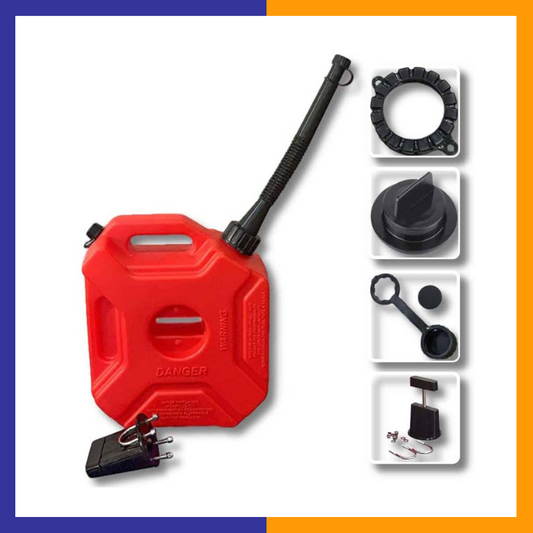 Gas gallon container with a securely attached nozzle and nut, designed for controlled fuel dispensing and leak-proof sealing.