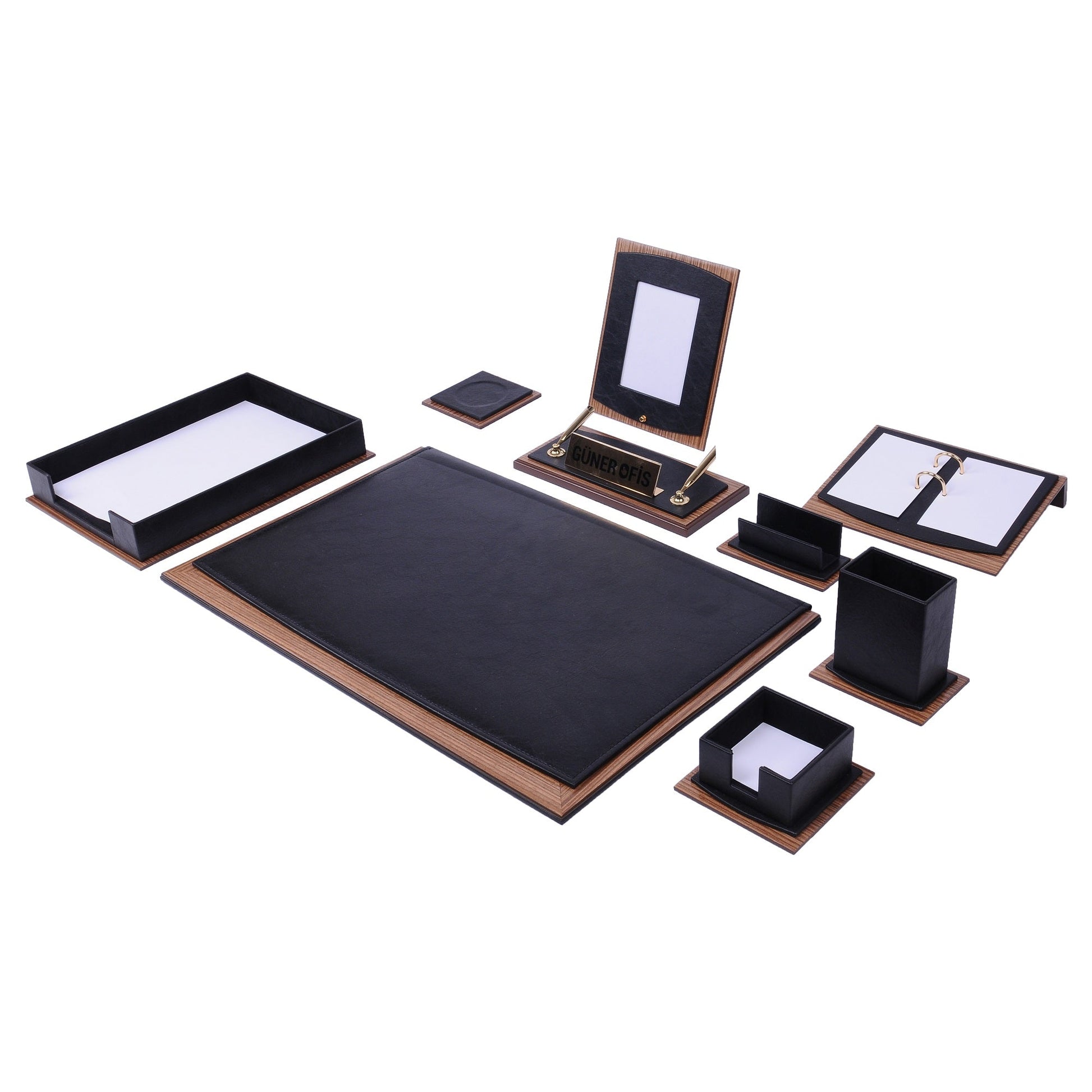 MOOG Star Leather Desk Set -Walnut Wood Combination - Gray -11 PCS - Kool Products