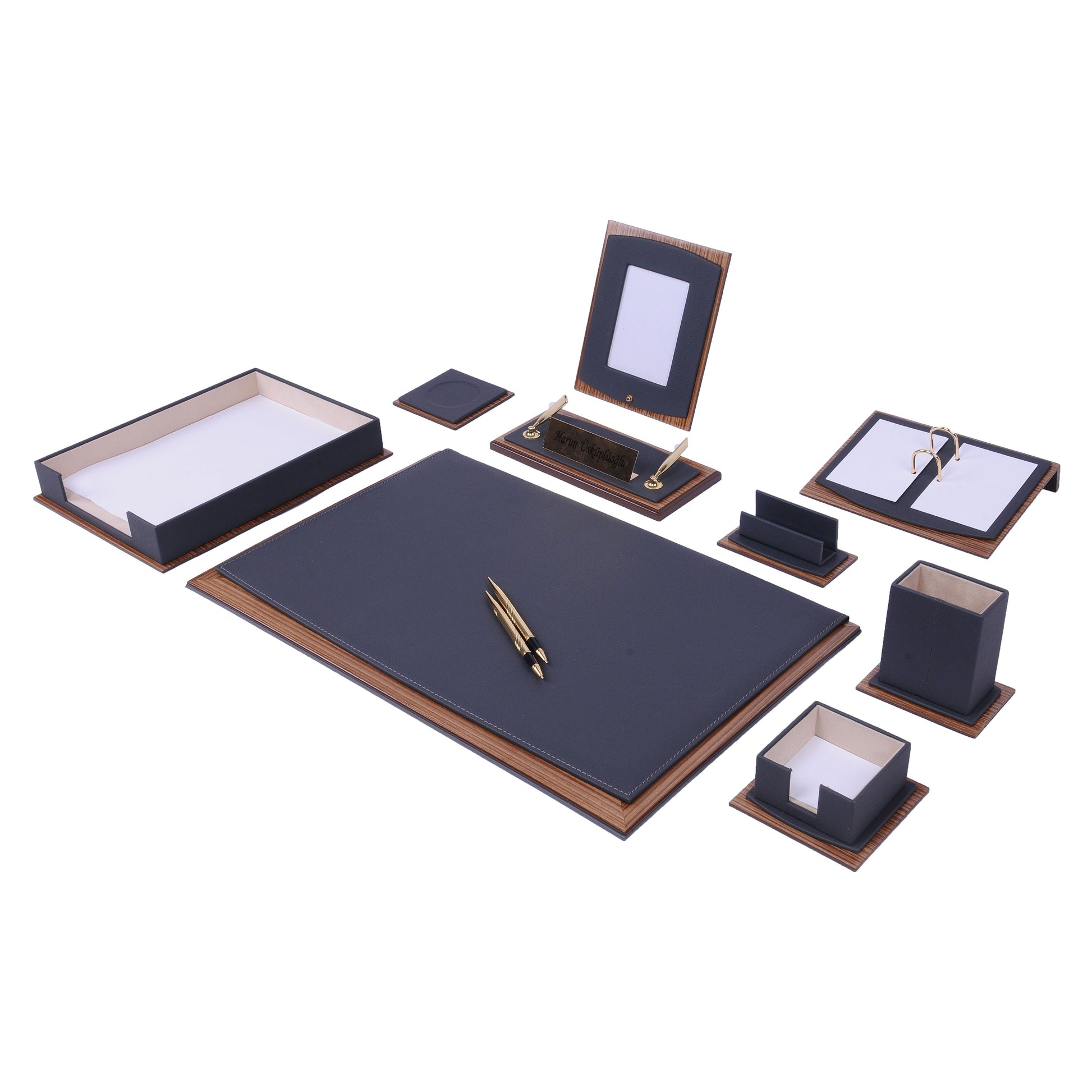 MOOG Star Leather Desk Set -Walnut Wood Combination - Gray -11 PCS - Kool Products