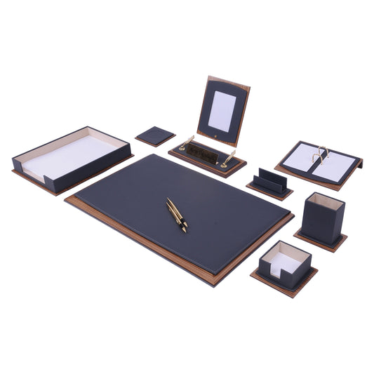 MOOG Star Leather Desk Set -Walnut Wood Combination - Gray -11 PCS - Kool Products