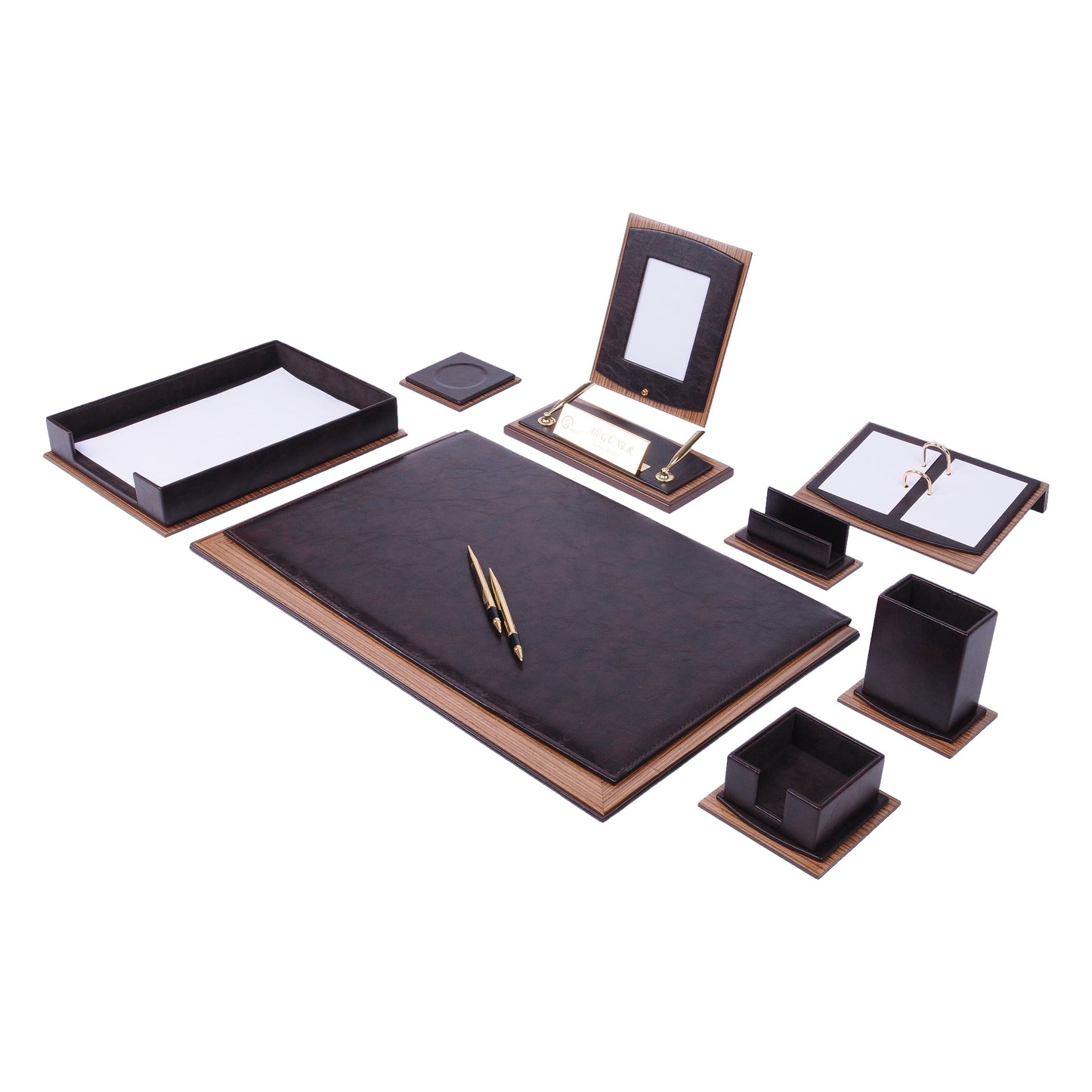 MOOG Star Leather Desk Set -Walnut Wood Combination - Gray -11 PCS - Kool Products