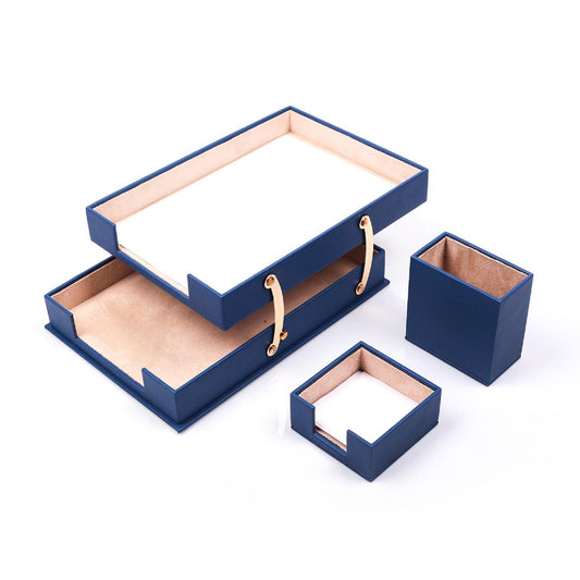 MOOG Leather Desk Set-3 Accessories-Double Document Tray - Blue - 3 PCS - Kool Products