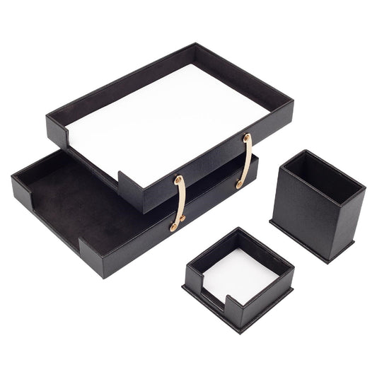 MOOG Leather Desk Set-3 Accessories-Double Document Tray - Black - 3 PCS - Kool Products