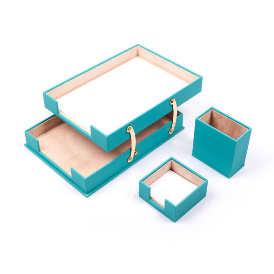 MOOG Leather Desk Set-3 Accessories-Double Document Tray - Turquoise - 3 PCS - Kool Products
