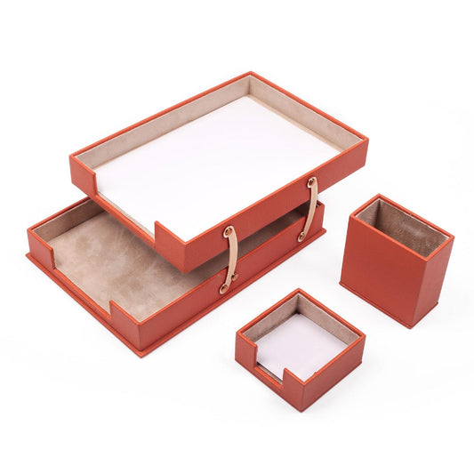 MOOG Leather Desk Set-3 Accessories-Double Document Tray - Orange - 3 PCS - Kool Products
