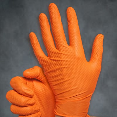 ProWorks® CATCH® Nitrile Disposable Gloves With Pyramid Grip® Texture, IND, PF, Orange, 9 mil - Kool Products