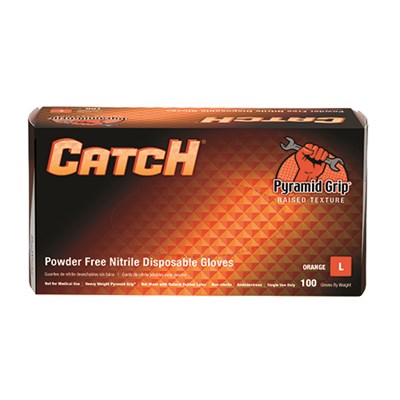 ProWorks® CATCH® Nitrile Disposable Gloves With Pyramid Grip® Texture, IND, PF, Orange, 9 mil - Kool Products