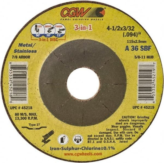 CGW Abrasives 45219 36 Grit 4-1/2" Wheel Diam 3/32" Wheel Thickness Type 27 Depressed Center Wheel Pack of 10 - Kool Products