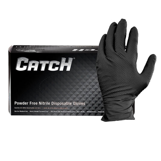 Proworks CATCH GL-NT107 9 mil Powder-Free Nitrile Gloves, Raised Pyramid Grip, Black or Orange, Case of 1000 - Kool Products