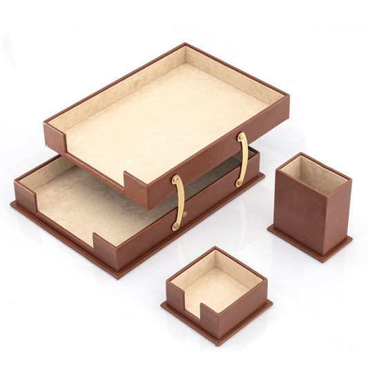 MOOG Leather Desk Set-3 Accessories-Double Document Tray - Tan - 3 PCS - Kool Products
