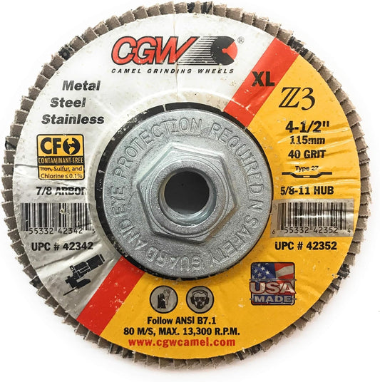 CGW ABRASIVES 42352 ZIRCONIA ALUMINUM EXTRA LARGE FLAP DISC 4 1/2" - GRIT40 (pack of 10) - Kool Products