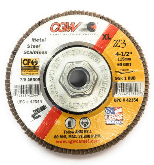 CGW Abrasives 42354 Abrasive Flap Disc 4-1/2" x 5/8-11" 60 Grit Zirconia - Pkg Qty 10 - Kool Products