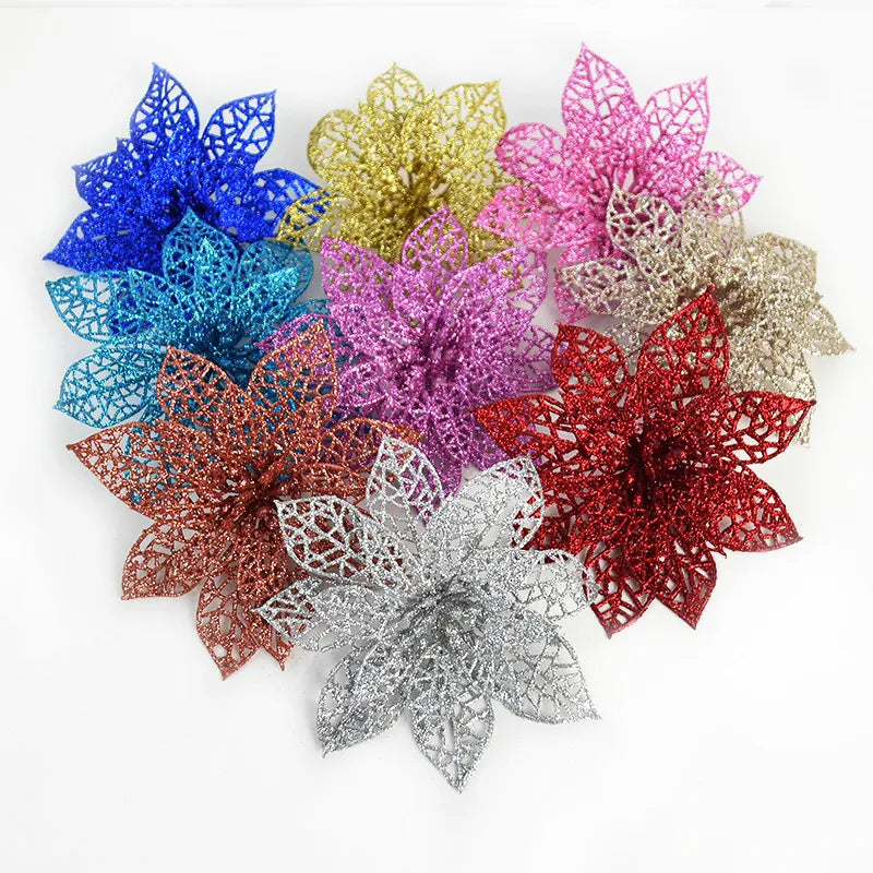 5pcs Glitter Artificial Christmas Flowers Christmas Tree Decoration For Home Fake Flowers Xmas Ornament New Year Party Decor - Kool Products