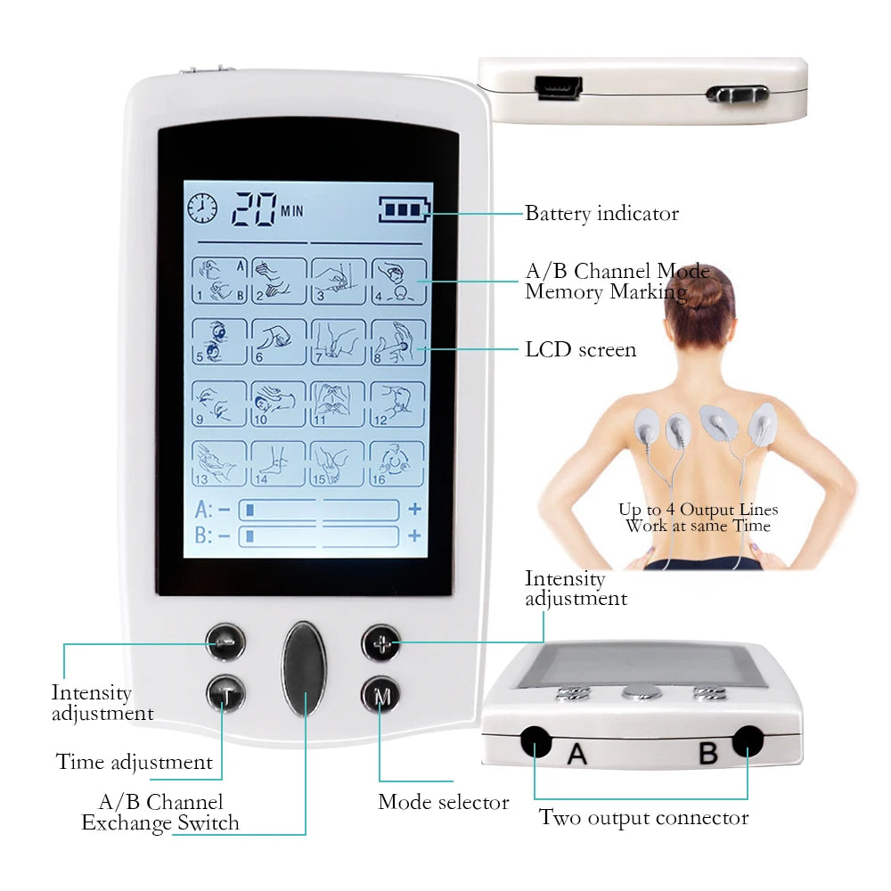 16 Modes Dual Output Health Care Body Massage Electric EMS Muscle Stimulator TENS Unit Electronic Pulse Physiotherapy Massager - Kool Products