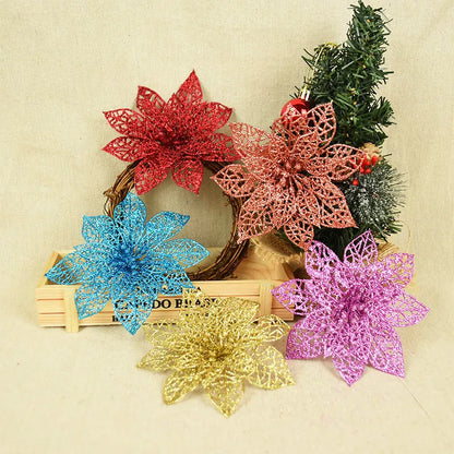 5pcs Glitter Artificial Christmas Flowers Christmas Tree Decoration For Home Fake Flowers Xmas Ornament New Year Party Decor - Kool Products