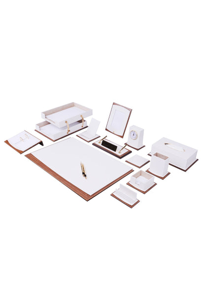 MOOG Star Lux Leather Desk Set -Walnut Wood Combination - Brown -14 PCS - Kool Products