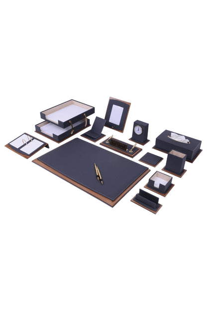 MOOG Star Lux Leather Desk Set -Walnut Wood Combination - Brown -14 PCS - Kool Products