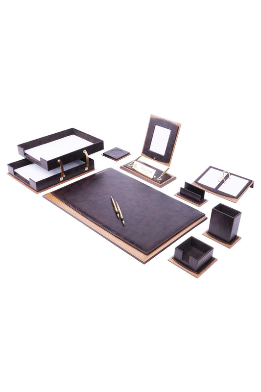MOOG Star Leather Desk Set -Walnut Wood Combination -Double Document Tray - Brown -11 PCS - Kool Products