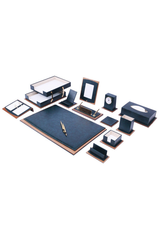 MOOG Star Lux Leather Desk Set -Walnut Wood Combination - Green -14 PCS - Kool Products