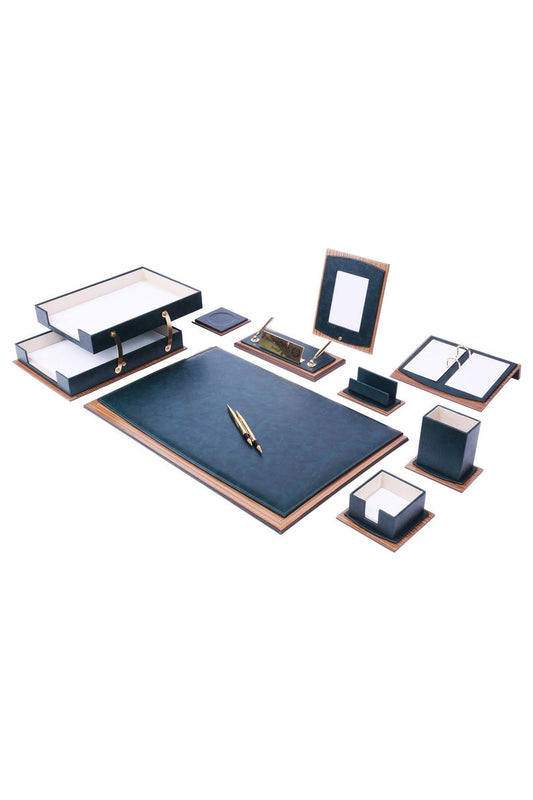 MOOG Star Leather Desk Set -Walnut Wood Combination -Double Document Tray - Green-11 PCS - Kool Products
