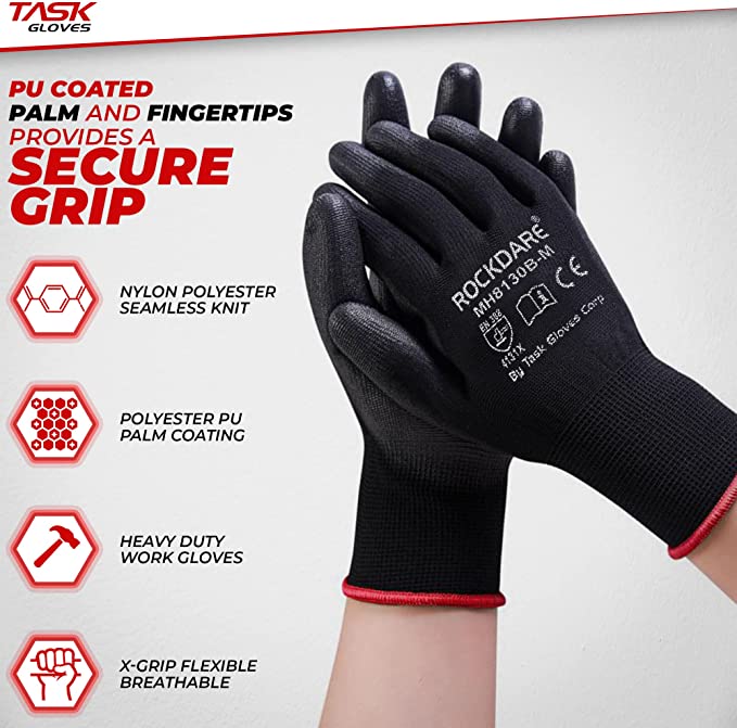 Task Force Safety Work Gloves PU Coated-12 Pairs, Seamless Knit Glove with Polyurethane Coated Smooth Grip, General Duty Work - Kool Products