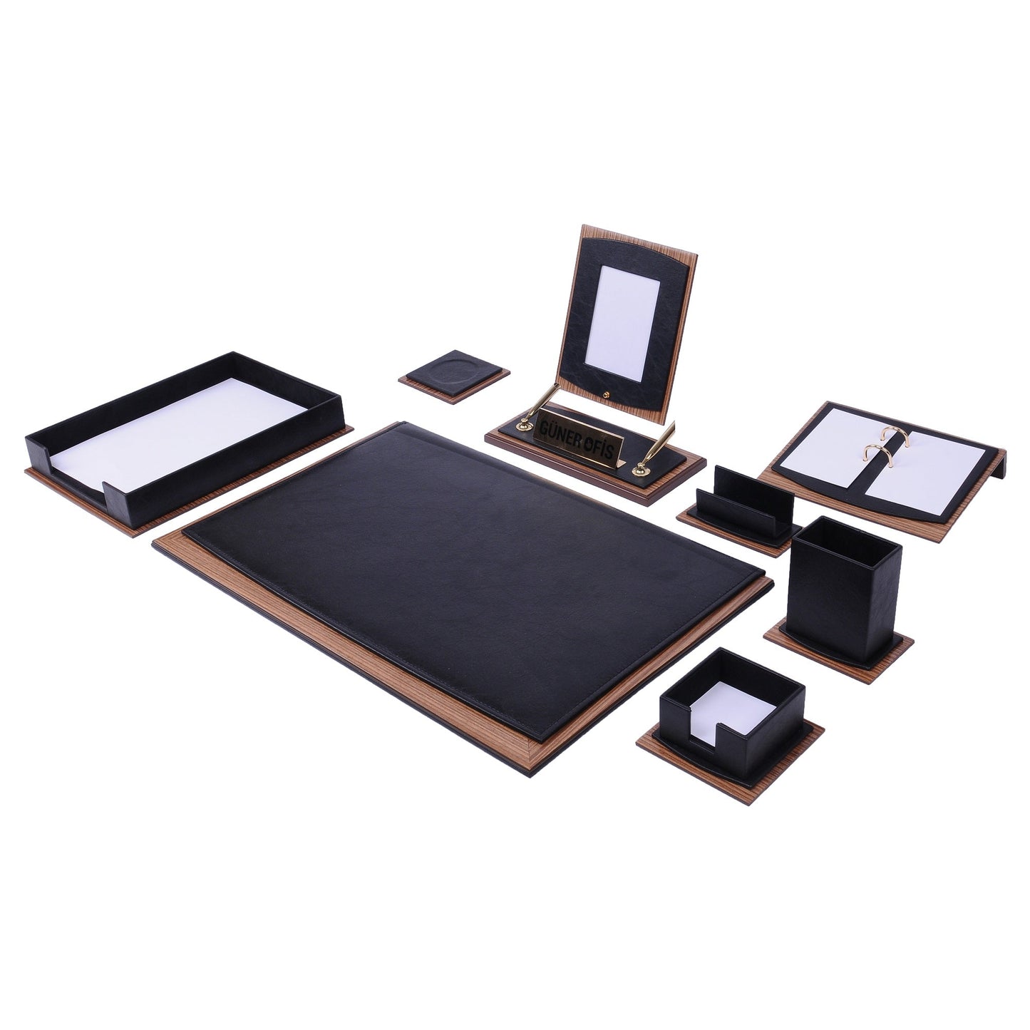 MOOG Star Leather Desk Set -Walnut Wood Combination - Black -11 PCS - Kool Products