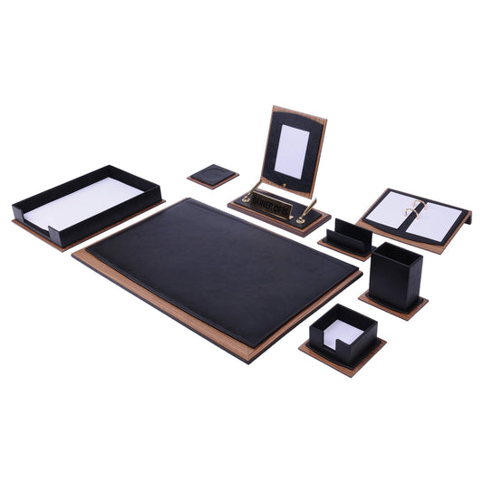 MOOG Star Leather Desk Set -Walnut Wood Combination - Black -11 PCS - Kool Products