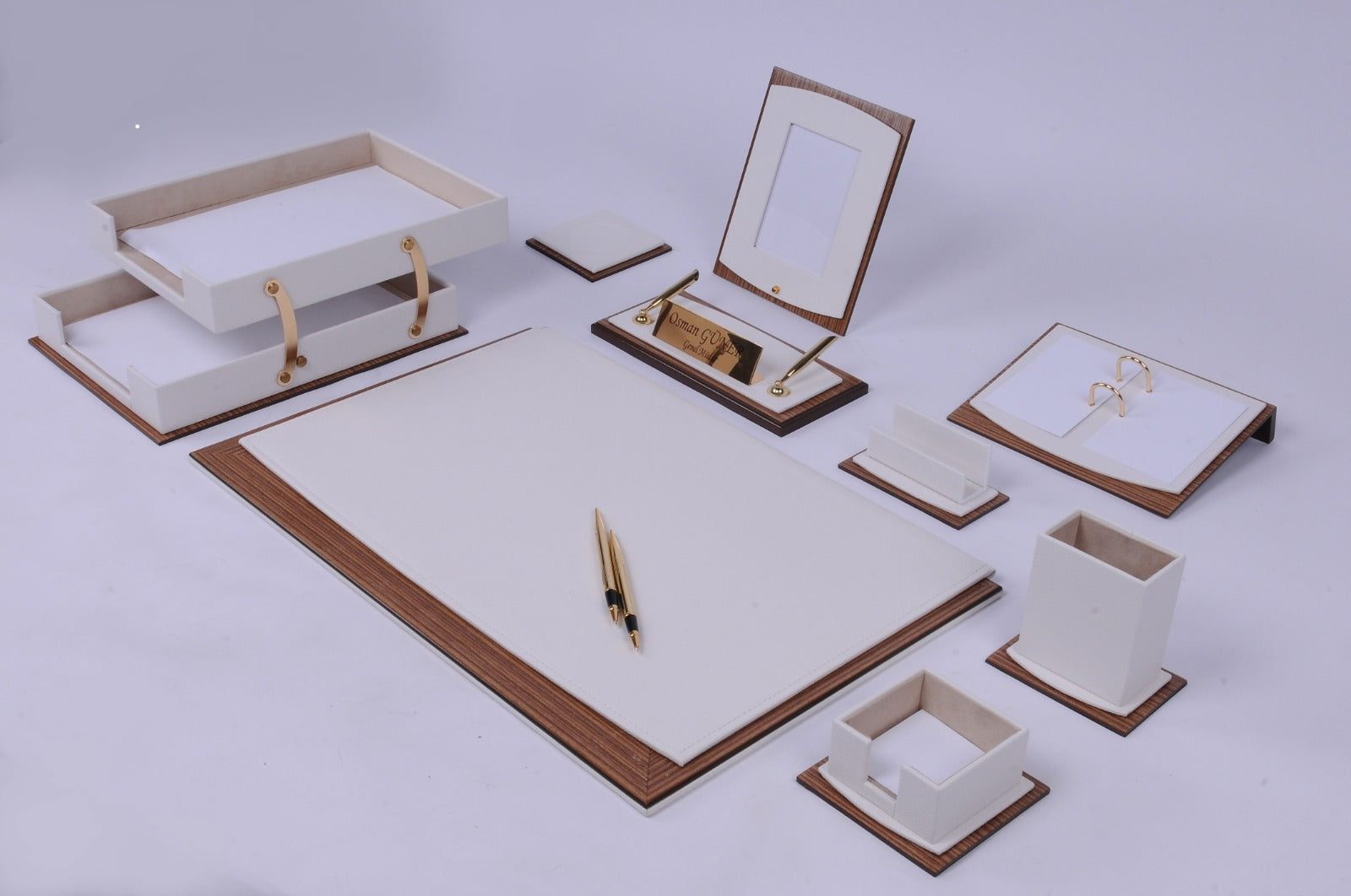 MOOG Star Leather Desk Set -Walnut Wood Combination -Double Document Tray - Brown -11 PCS - Kool Products