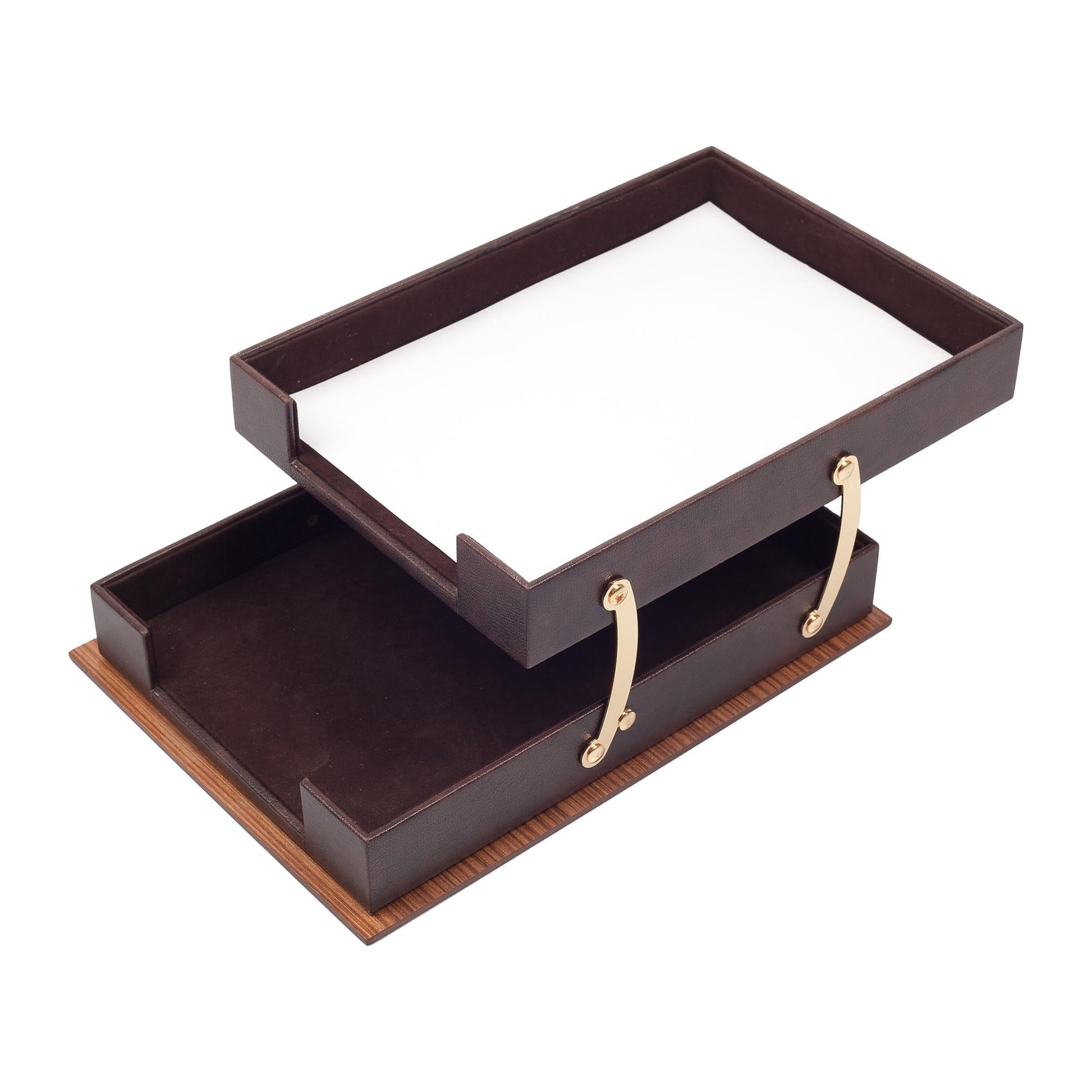 MOOG Star Leather Desk Set -Walnut Wood Combination -Double Document Tray - Brown -11 PCS - Kool Products