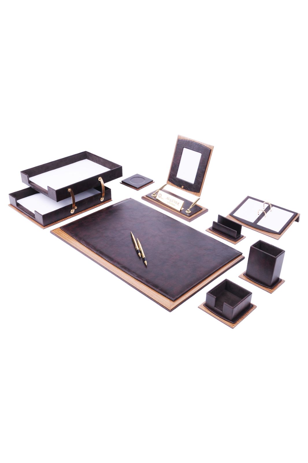 MOOG Star Leather Desk Set -Walnut Wood Combination -Double Document Tray - Gray -11 PCS - Kool Products