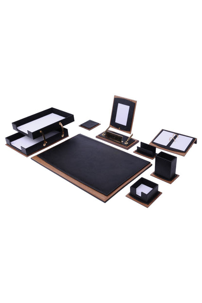 MOOG Star Leather Desk Set -Walnut Wood Combination -Double Document Tray - Gray -11 PCS - Kool Products