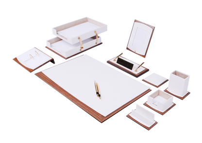 MOOG Star Leather Desk Set -Walnut Wood Combination -Double Document Tray - White-11 PCS - Kool Products